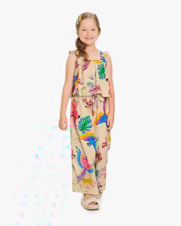 Conjunto Infantil Feminino Blusa e Calça Estampa Tropical - Kely Kety - Deserto