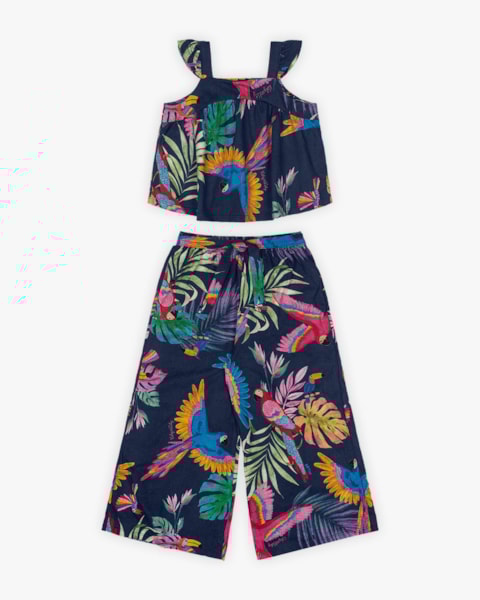 Conjunto Infantil Feminino Blusa e Calça Estampa Tropical - Kely Kety - Oxford