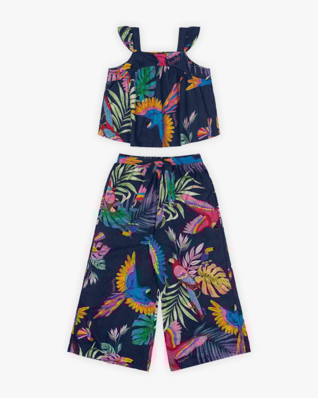 Conjunto Infantil Feminino Blusa e Calça Estampa Tropical - Kely Kety - Oxford-72aa7485-2b98-4370-9e92-391565f556c2