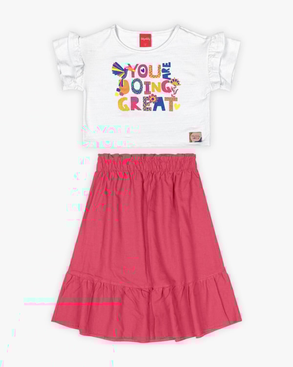 Conjunto Infantil Feminino Blusa e Saia Midi - Kely Kety - Branco
