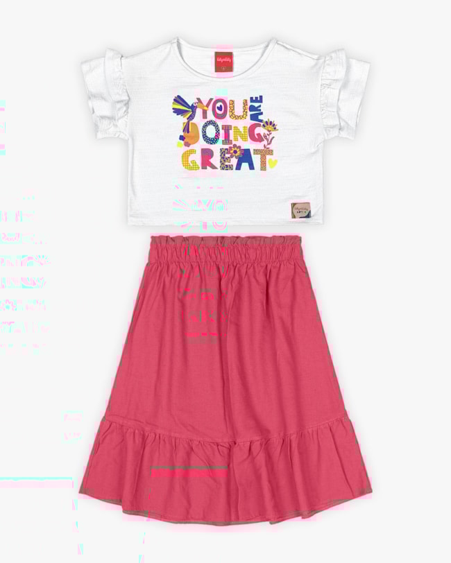 Conjunto Infantil Feminino Blusa e Saia Midi - Kely Kety - Branco-7310bcaf-df47-4226-9078-b9a6208499d8