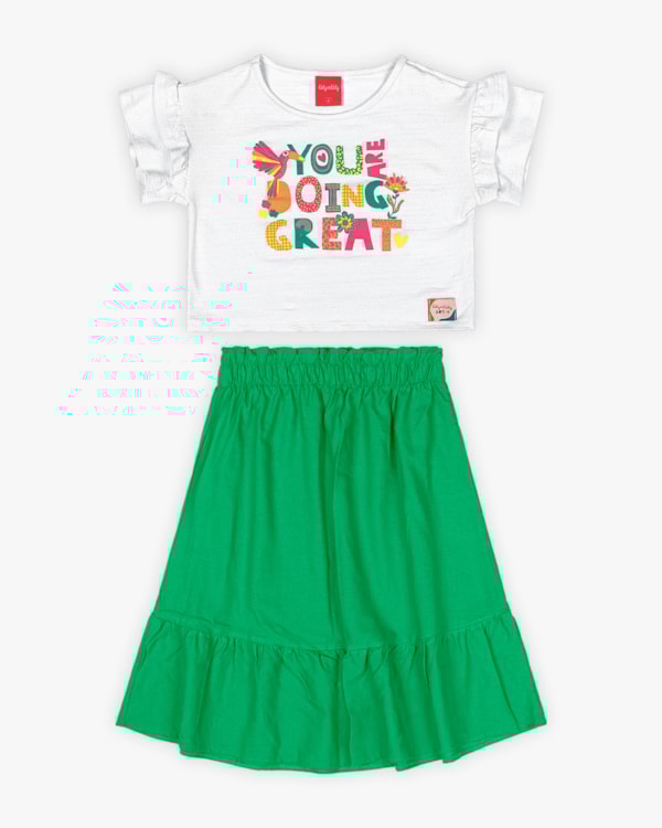 Conjunto Infantil Feminino Blusa e Saia Midi - Kely Kety - Off White