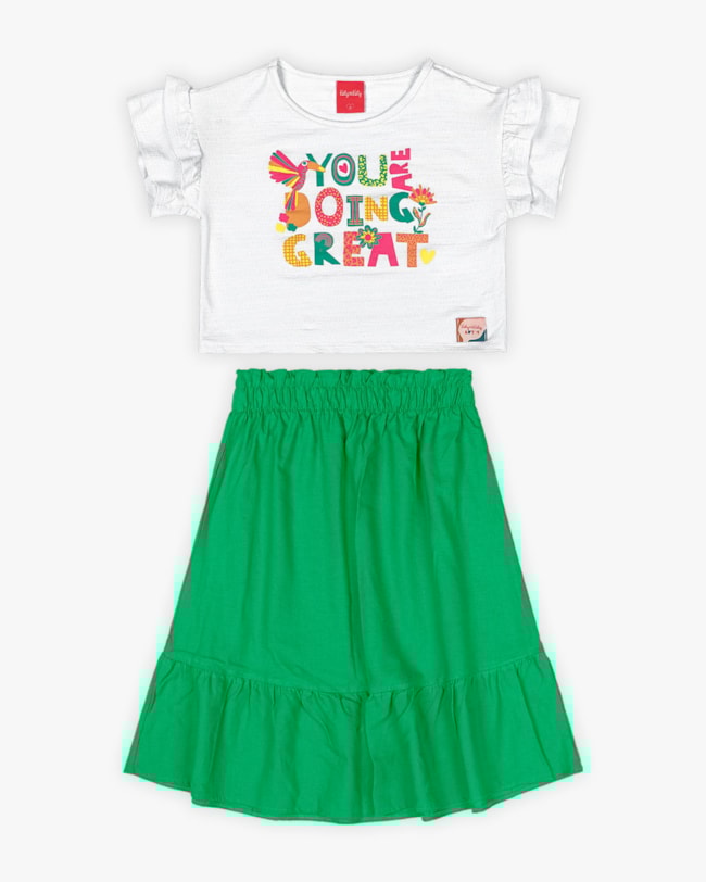 Conjunto Infantil Feminino Blusa e Saia Midi - Kely Kety - Off White-49d9856e-de62-46b5-8f19-e8220c6bc926