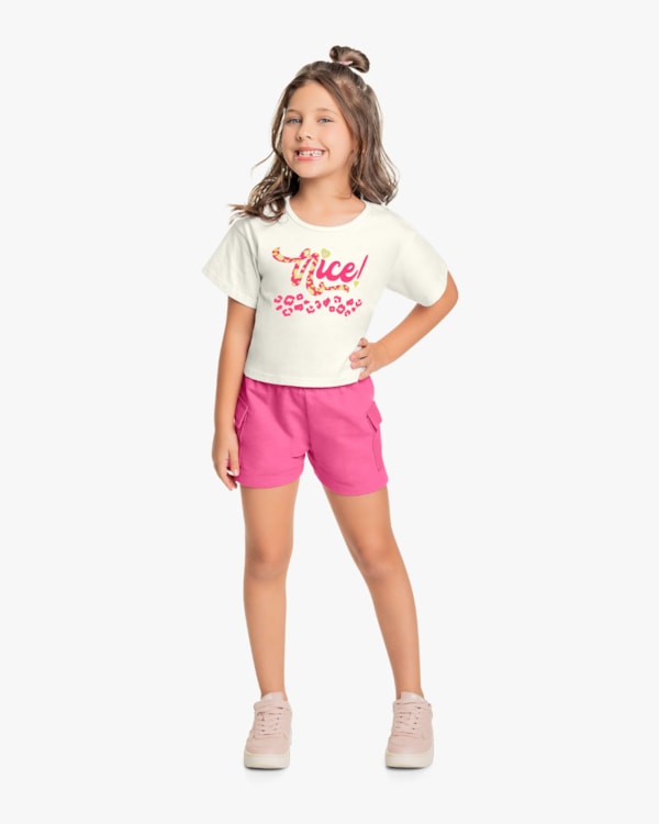 Conjunto Infantil Feminino Blusa e Shorts com Bolsos - Kely Kety - Natural