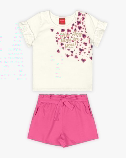 Conjunto Infantil Feminino Blusa e Shorts com Cinto - Kely Kety - Natural