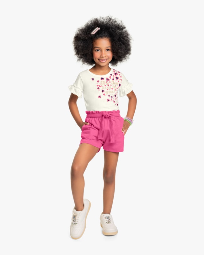 Conjunto Infantil Feminino Blusa e Shorts com Cinto - Kely Kety - Natural-99bb92a1-e205-48dc-ba6e-a22efab97f8f