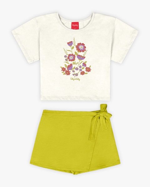 Conjunto Infantil Feminino Blusa e Shorts-Saia - Kely Kety - Natural