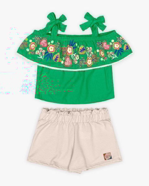 Conjunto Infantil Feminino Blusa Ombro a Ombro e Shorts - Kely Kety - Folha