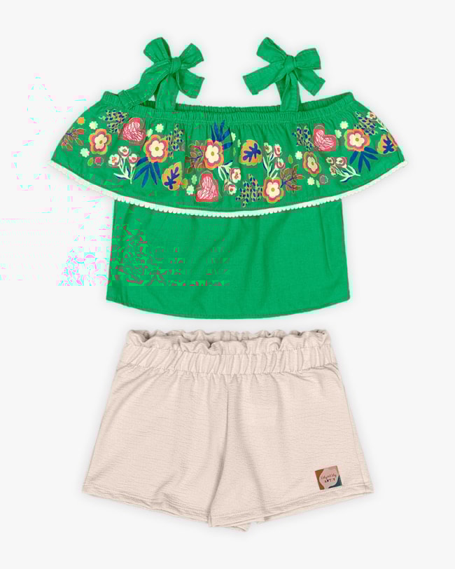 Conjunto Infantil Feminino Blusa Ombro a Ombro e Shorts - Kely Kety - Folha-95e15f7e-ac18-45ea-b622-75d839ae3c9b