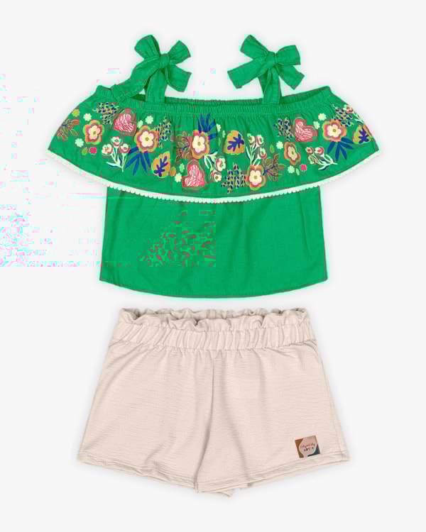 Conjunto Infantil Feminino Blusa Ombro a Ombro e Shorts - Kely Kety - Folha