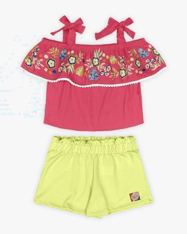 Conjunto Infantil Feminino Blusa Ombro a Ombro e Shorts - Kely Kety - Rosa-8109f5b7-c122-4392-bcd6-235c81b45dfb