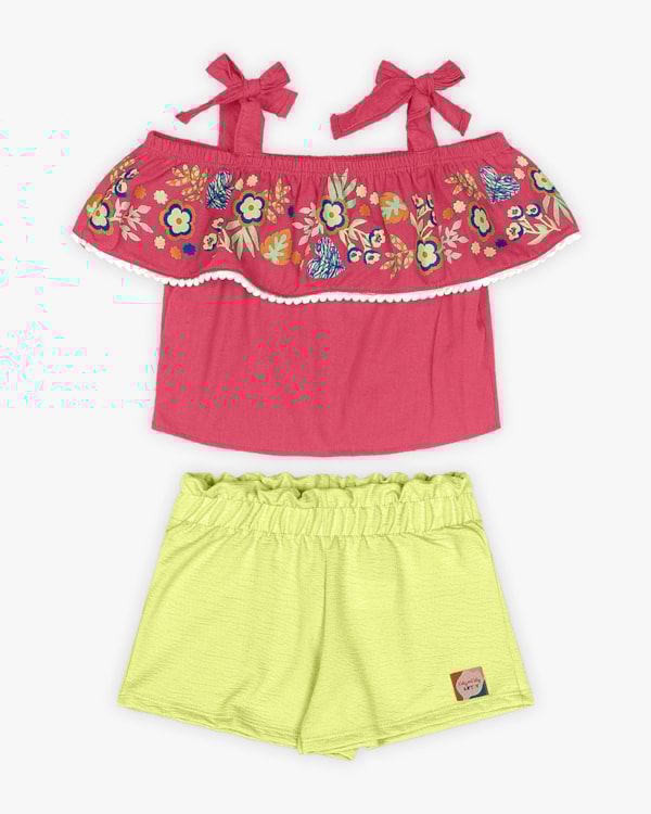 Conjunto Infantil Feminino Blusa Ombro a Ombro e Shorts - Kely Kety - Rosa