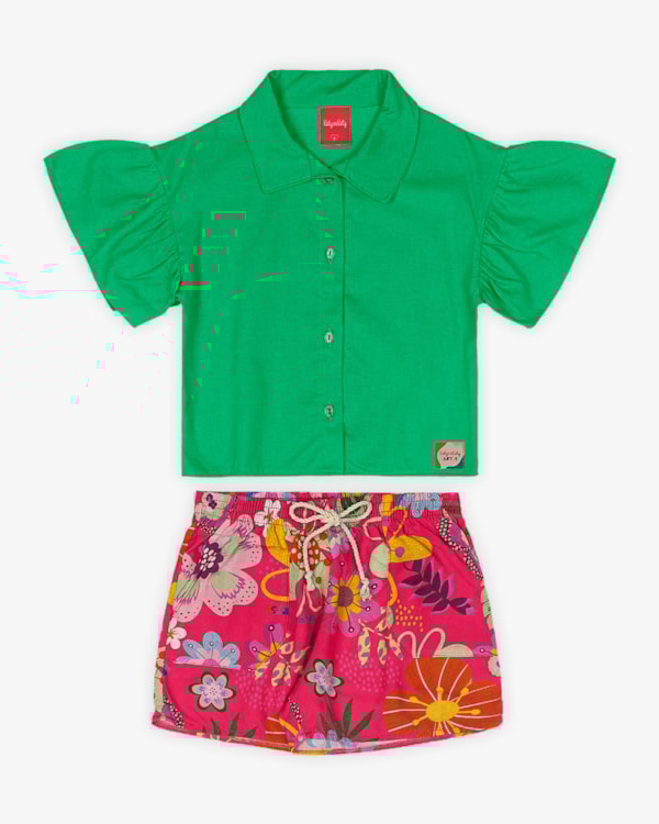 Conjunto Infantil Feminino Camisa e Shorts Estampado - Kely Kety - Folha