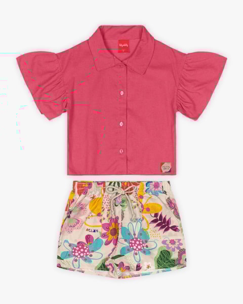 Conjunto Infantil Feminino Camisa e Shorts Estampado - Kely Kety - Rosa