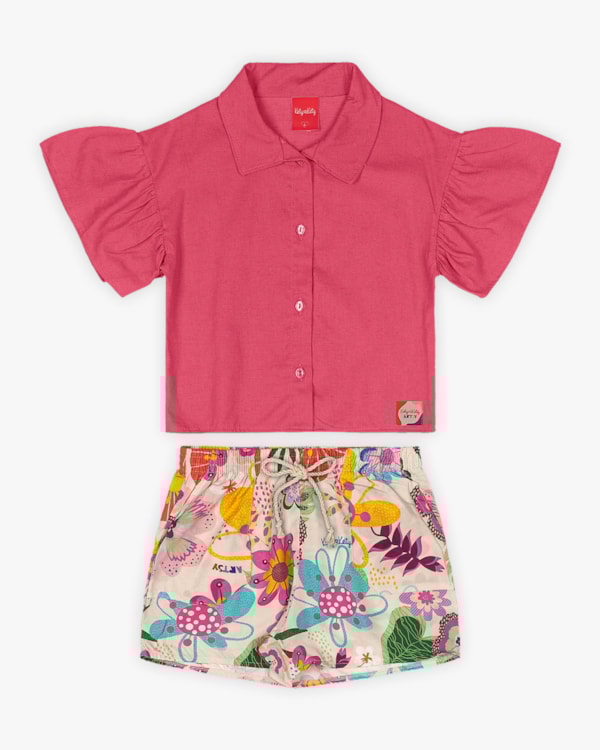 Conjunto Infantil Feminino Camisa e Shorts Estampado - Kely Kety - Rosa
