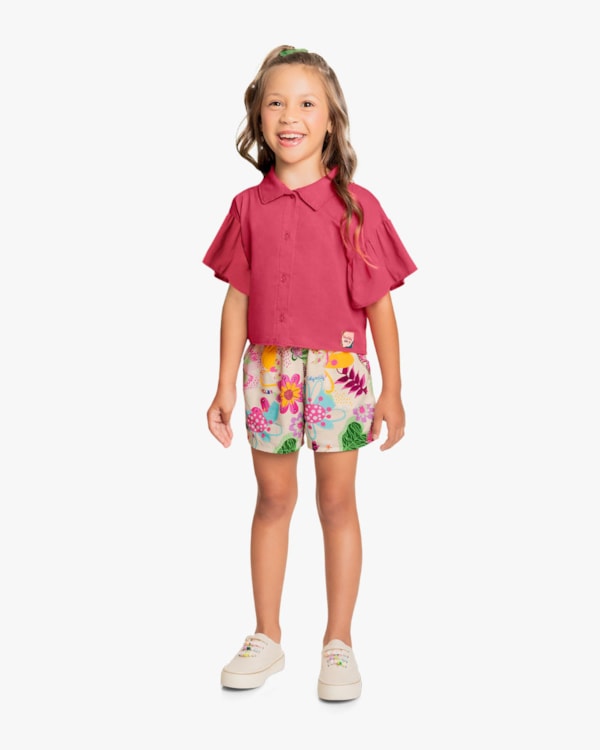 Conjunto Infantil Feminino Camisa e Shorts Estampado - Kely Kety - Rosa
