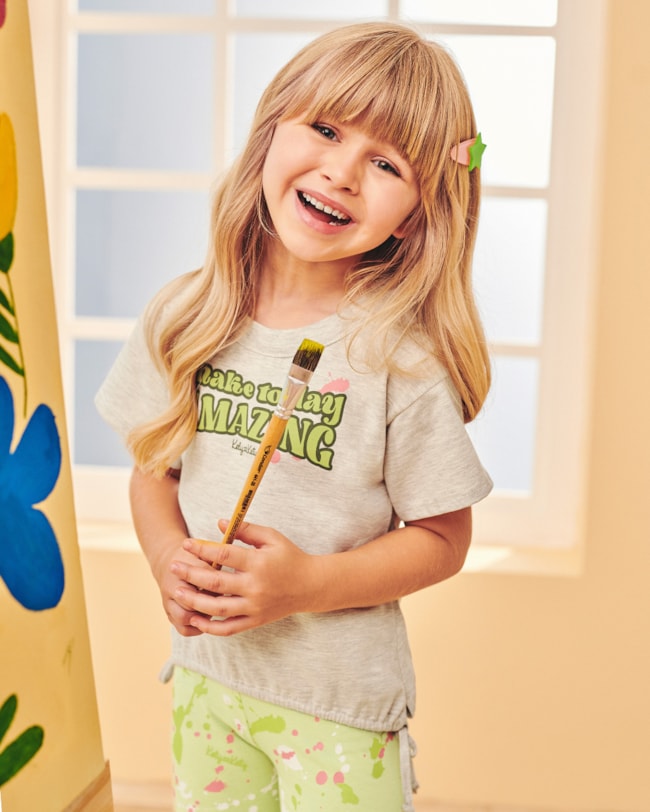 Conjunto Infantil Feminino com Calça Corsário Estampada - Kely Kety - Mescla-b852201e-c4c4-4432-9a65-7c2b07a61820