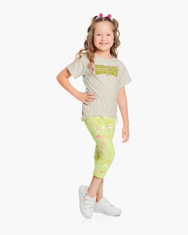 Conjunto Infantil Feminino com Calça Corsário Estampada - Kely Kety - Mescla
