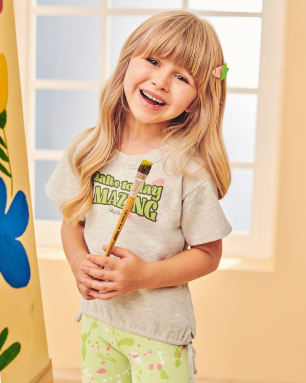 Conjunto Infantil Feminino com Calça Corsário Estampada - Kely Kety - Mescla