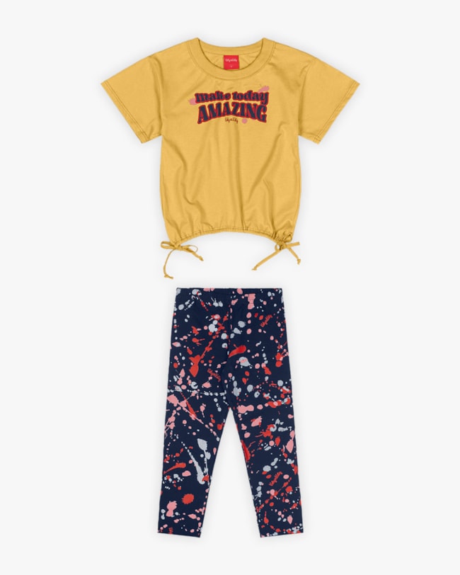 Conjunto Infantil Feminino com Calça Corsário Estampada - Kely Kety - Mostarda-416c174c-1749-467a-8a72-88d5b799c75b