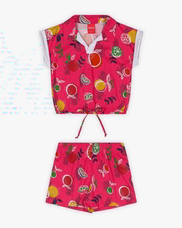 Conjunto Infantil Feminino em Meia Malha Estampada -Kely Kety - Cherry