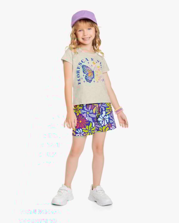 Conjunto Infantil Feminino em Meia Malha Estampada - Kely Kety - Mescla