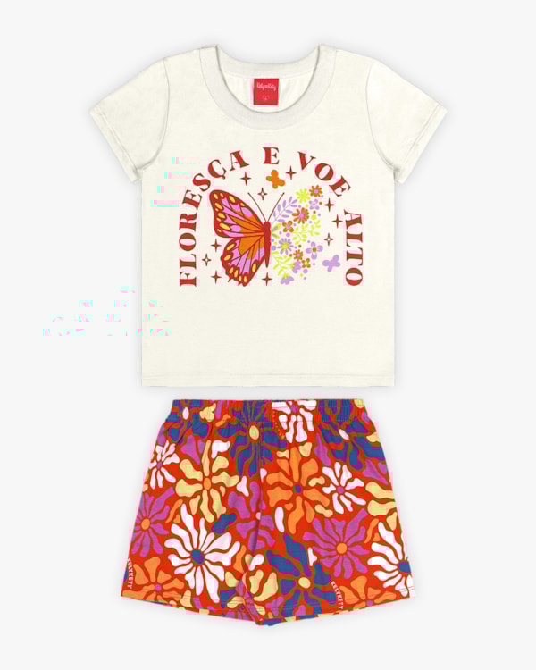 Conjunto Infantil Feminino em Meia Malha Estampada - Kely Kety - Natural