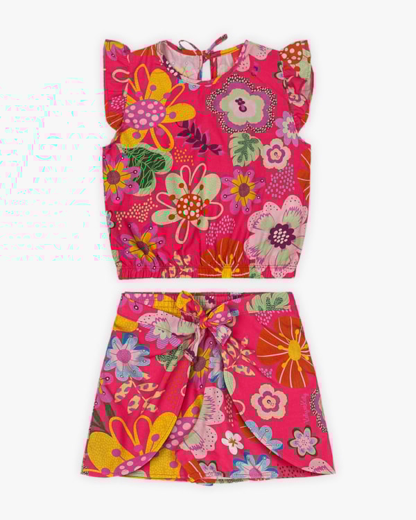 Conjunto Infantil Feminino em Viscose Estampada - Kely Kety - Cherry
