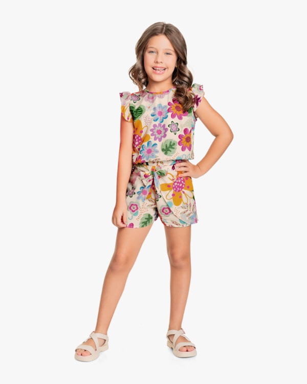 Conjunto Infantil Feminino em Viscose Estampada - Kely Kety - Off White