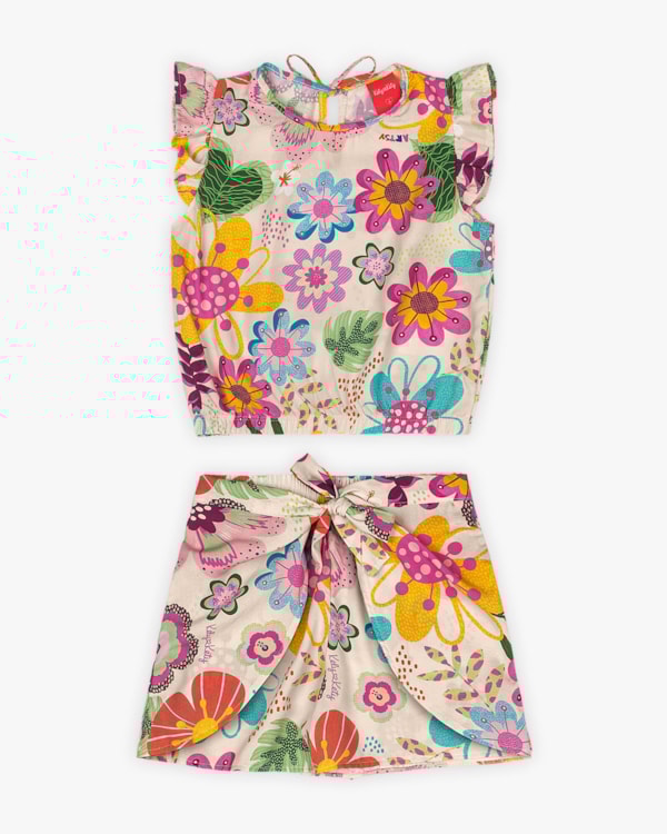 Conjunto Infantil Feminino em Viscose Estampada - Kely Kety - Off White