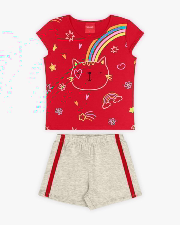 Conjunto Infantil Feminino Estampa Gatinho - Kely Kety - Tomato