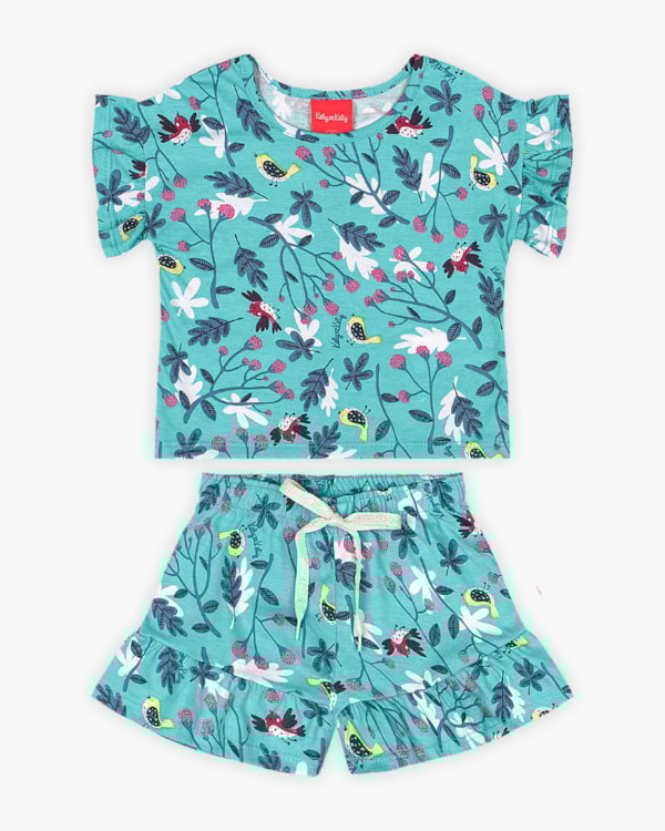Conjunto Infantil Feminino Estampado em Meia Malha - Kely Kety - Azul