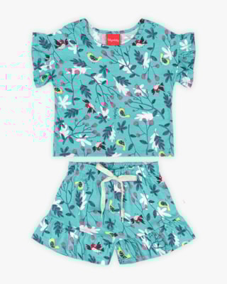 Conjunto Infantil Feminino Estampado em Meia Malha - Kely Kety - Azul