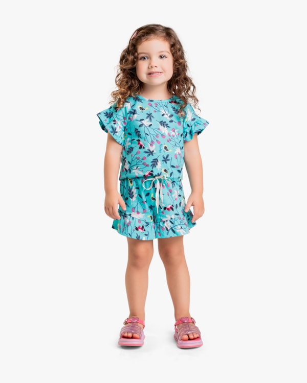 Conjunto Infantil Feminino Estampado em Meia Malha - Kely Kety - Azul