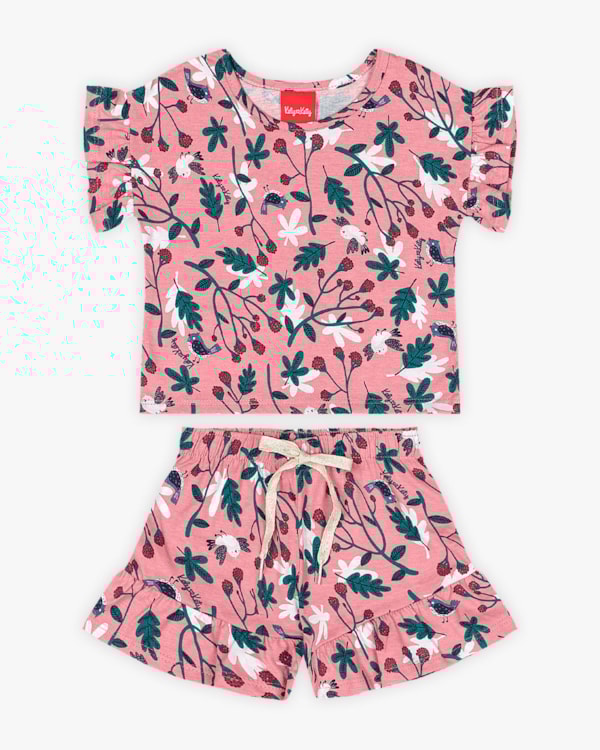 Conjunto Infantil Feminino Estampado em Meia Malha - Kely Kety - Rosa