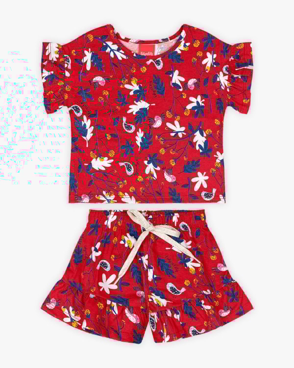 Conjunto Infantil Feminino Estampado em Meia Malha - Kely Kety - Vermelho