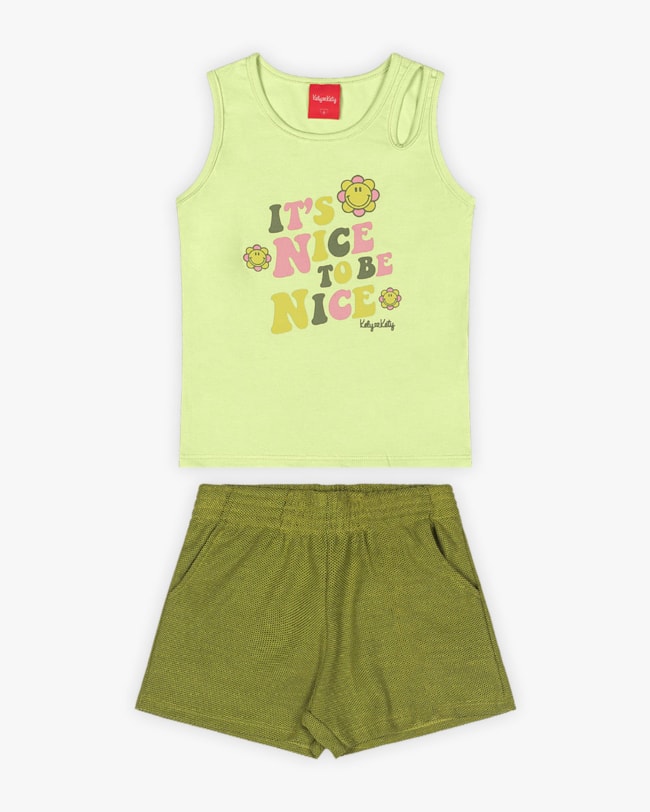 Conjunto Infantil Feminino Regata Cut Out e Shorts - Kely Kety - Matcha-769b333b-35f4-4fc0-aaa4-7eb7ae49f19b