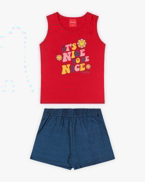 Conjunto Infantil Feminino Regata Cut Out e Shorts - Kely Kety - Tomato