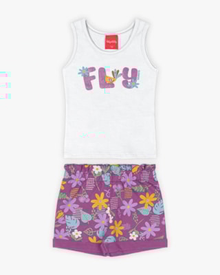 Conjunto Infantil Feminino Regata e Shorts Estampado - Kely Kety - Branco