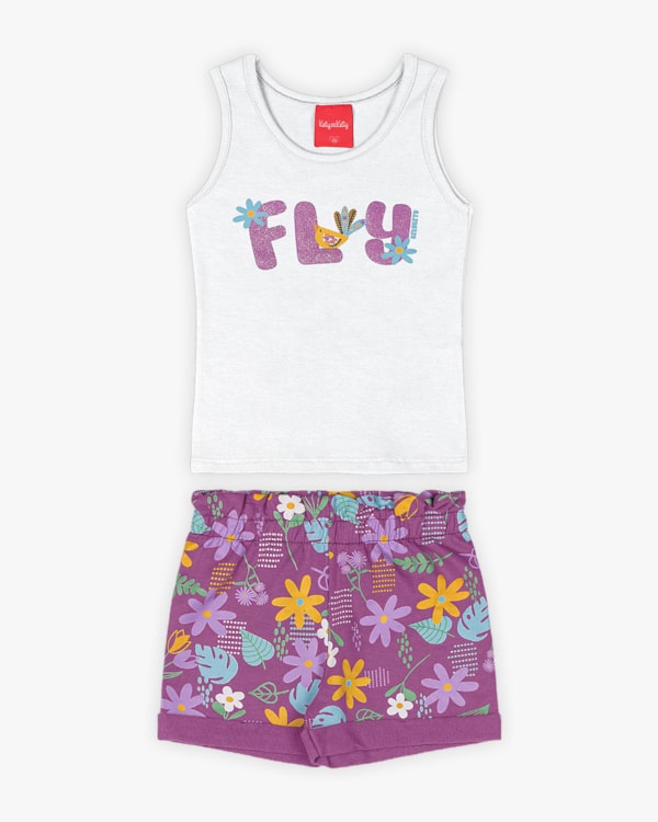 Conjunto Infantil Feminino Regata e Shorts Estampado - Kely Kety - Branco