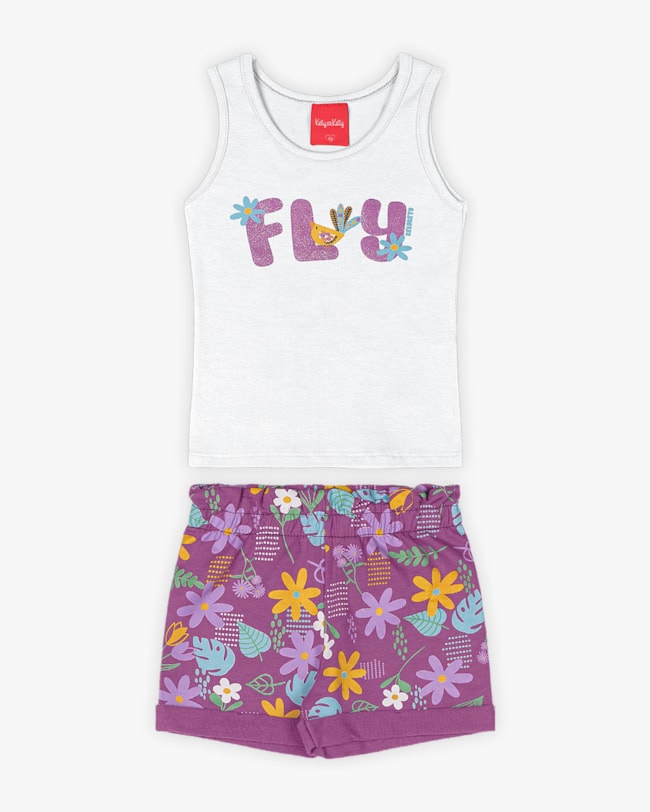 Conjunto Infantil Feminino Regata e Shorts Estampado - Kely Kety - Branco-e5554fc2-0dc4-4a1c-b5d7-b8a0a8bba565