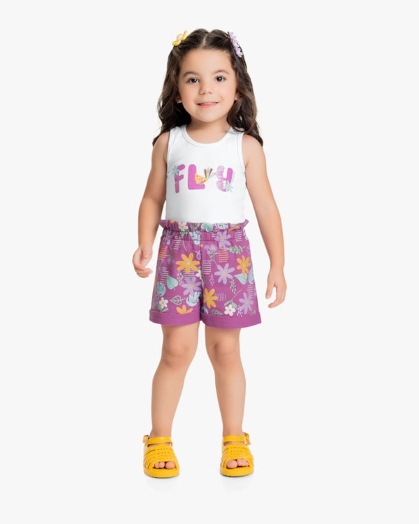 Conjunto Infantil Feminino Regata e Shorts Estampado - Kely Kety - Branco