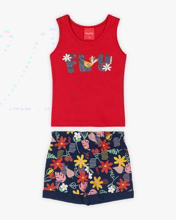 Conjunto Infantil Feminino Regata e Shorts Estampado - Kely Kety - Tomato