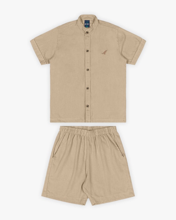 Conjunto Infantil Masculino Camisa e Bermuda em Viscose Linho - ReiRex - Caqui