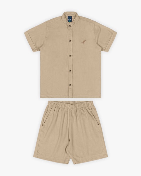 Conjunto Infantil Masculino Camisa e Bermuda em Viscose Linho - ReiRex - Caqui