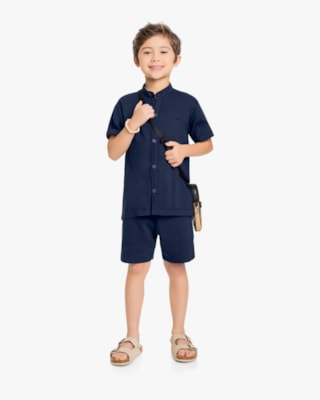 Conjunto Infantil Masculino Camisa e Bermuda em Viscose Linho - ReiRex - Noturno