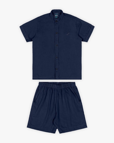 Conjunto Infantil Masculino Camisa e Bermuda em Viscose Linho - ReiRex - Noturno