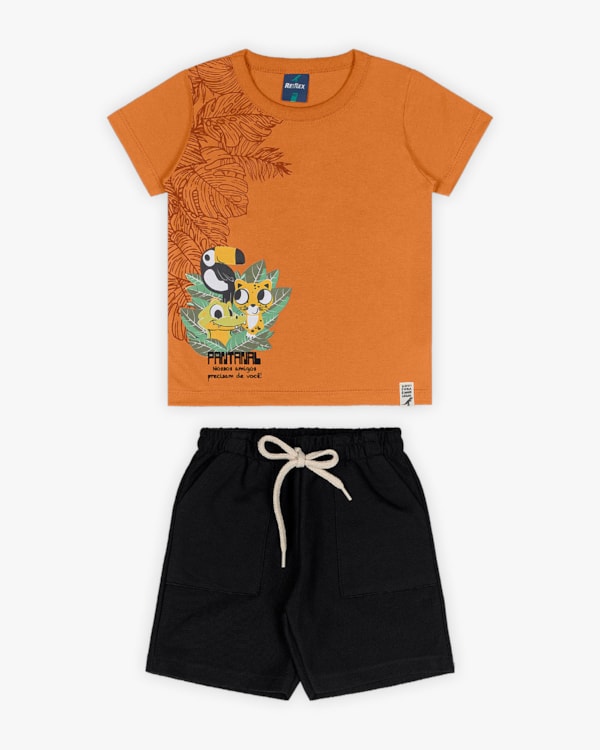 Conjunto Infantil Masculino Camiseta Estampa Pantanal e Bermuda- ReiRex - Amarelo