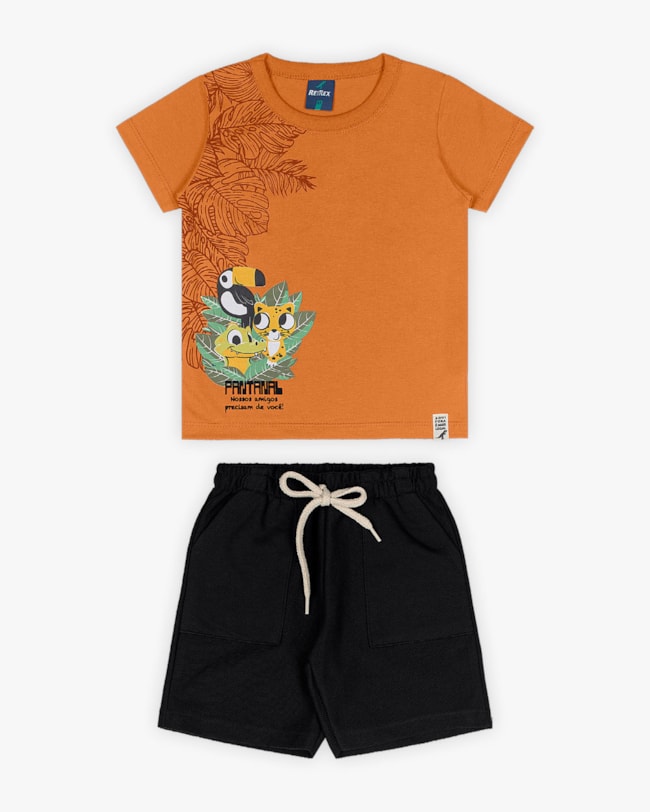 Conjunto Infantil Masculino Camiseta Estampa Pantanal e Bermuda- ReiRex - Amarelo-d6fd09f6-9a94-4329-81e2-f8c2c651a02a