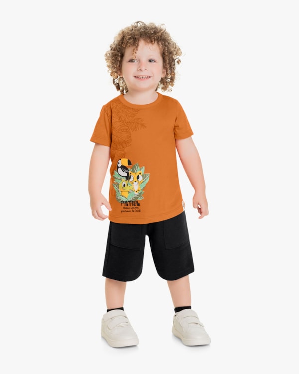 Conjunto Infantil Masculino Camiseta Estampa Pantanal e Bermuda- ReiRex - Amarelo